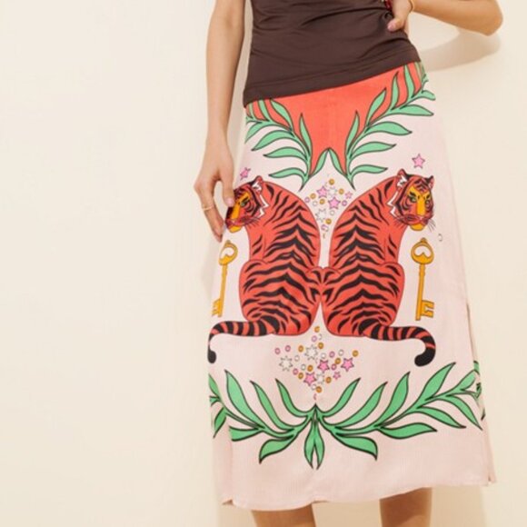 Blank London Dresses & Skirts - Blank London Lania Slip Midi Skirt Tiger Graphic Orange/Pink Anthropologie S